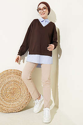 Gömlek Yaka Çizgi Garnili Loyşa Tunik Kahve - Tunik