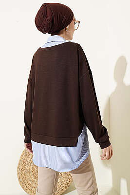 Gömlek Yaka Çizgi Garnili Loyşa Tunik Kahve - Tunik