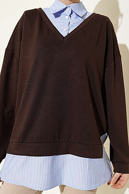 Gömlek Yaka Çizgi Garnili Loyşa Tunik Kahve - Tunik