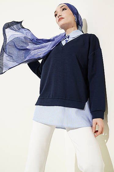 Gömlek Yaka Çizgi Garnili Loyşa Tunik Lacivert - Tunik