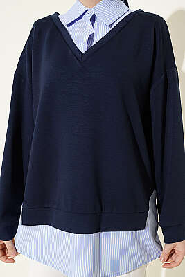 Gömlek Yaka Çizgi Garnili Loyşa Tunik Lacivert - Tunik