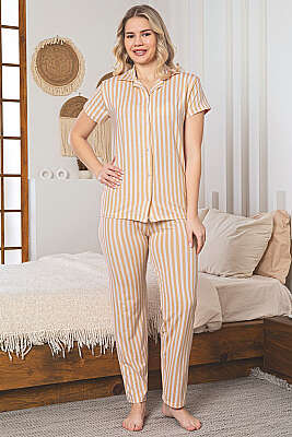 Gömlek Yaka Çizgili Pijama Takımı Somon - IŞILAY
