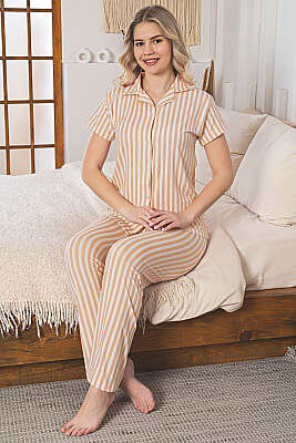 Gömlek Yaka Çizgili Pijama Takımı Somon - Pijama