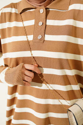 Gömlek Yaka Çizgili Salaş Triko Tunik Bisküvi - Triko Tunik