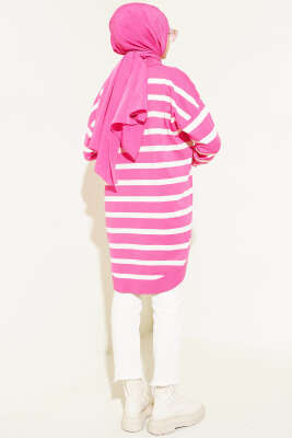 Gömlek Yaka Çizgili Salaş Triko Tunik Fuşya - Triko Tunik