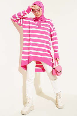 Gömlek Yaka Çizgili Salaş Triko Tunik Fuşya - Triko Tunik