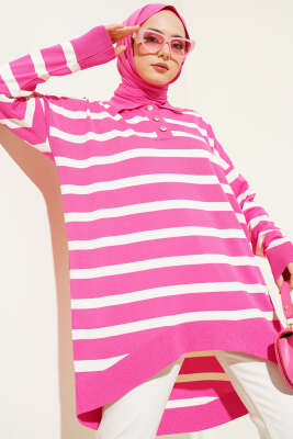 Gömlek Yaka Çizgili Salaş Triko Tunik Fuşya - Triko Tunik