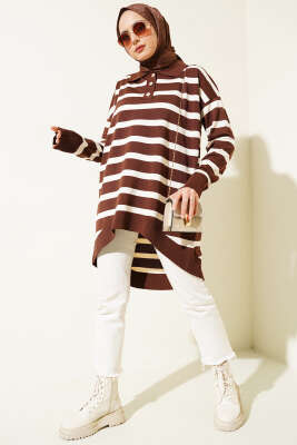 Gömlek Yaka Çizgili Salaş Triko Tunik Kahve - Triko Tunik