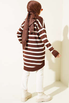 Gömlek Yaka Çizgili Salaş Triko Tunik Kahve - Triko Tunik