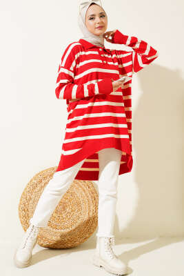 Gömlek Yaka Çizgili Salaş Triko Tunik Kırmızı - Triko Tunik