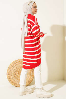 Gömlek Yaka Çizgili Salaş Triko Tunik Kırmızı - Triko Tunik