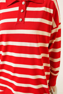 Gömlek Yaka Çizgili Salaş Triko Tunik Kırmızı - Triko Tunik