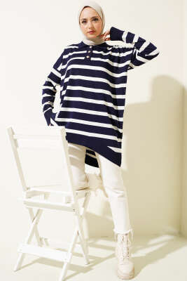 Gömlek Yaka Çizgili Salaş Triko Tunik Lacivert - Triko Tunik