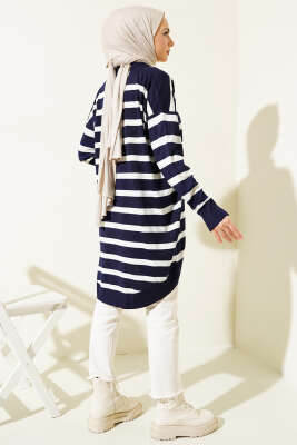 Gömlek Yaka Çizgili Salaş Triko Tunik Lacivert - Triko Tunik
