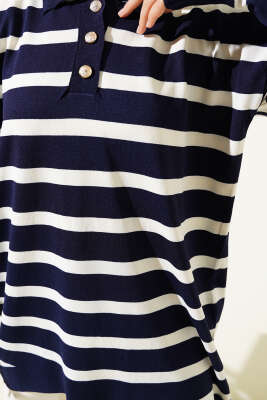 Gömlek Yaka Çizgili Salaş Triko Tunik Lacivert - Triko Tunik