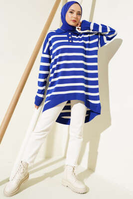 Gömlek Yaka Çizgili Salaş Triko Tunik Saks - Triko Tunik