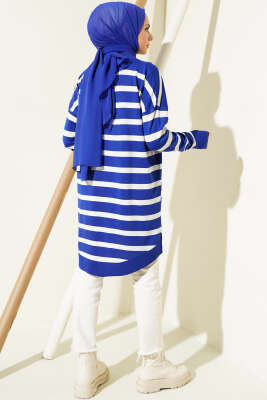 Gömlek Yaka Çizgili Salaş Triko Tunik Saks - Triko Tunik