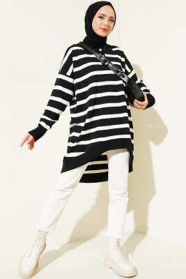 Gömlek Yaka Çizgili Salaş Triko Tunik Siyah - Triko Tunik