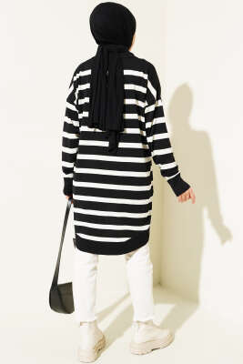 Gömlek Yaka Çizgili Salaş Triko Tunik Siyah - Triko Tunik