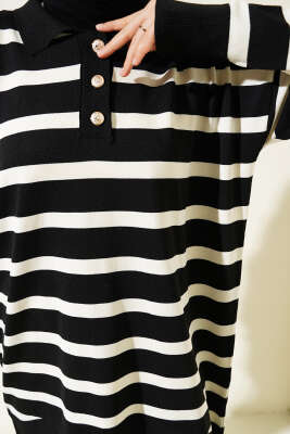 Gömlek Yaka Çizgili Salaş Triko Tunik Siyah - Triko Tunik