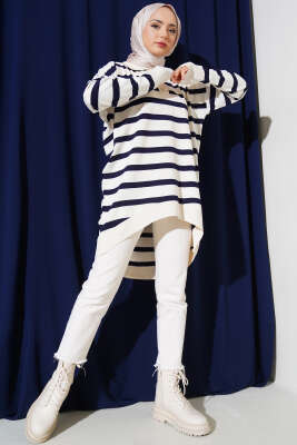 Gömlek Yaka Çizgili Salaş Triko Tunik Vanilya - Triko Tunik
