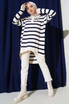 Gömlek Yaka Çizgili Salaş Triko Tunik Vanilya - Triko Tunik