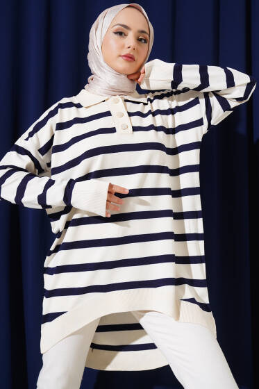 Gömlek Yaka Çizgili Salaş Triko Tunik Vanilya - Tunik