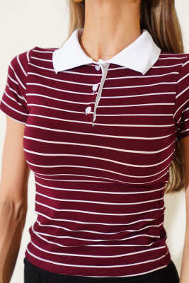 Gömlek Yaka Çizgili T-shirt Bordo - Kadın Giyim Modelleri