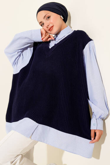 Gömlek Yaka Çizgili Triko Tunik Lacivert - Tunik
