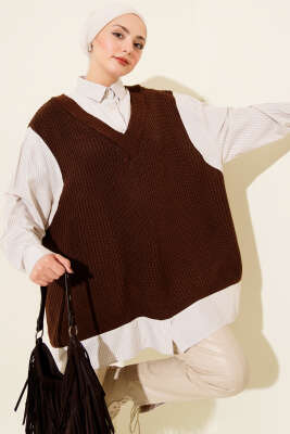 Gömlek Yaka Çizgili Triko Tunik Kahve - VAV TEKSTİL