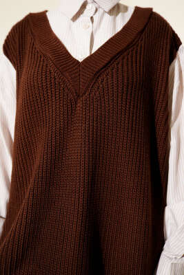 Gömlek Yaka Çizgili Triko Tunik Kahve - Tunik