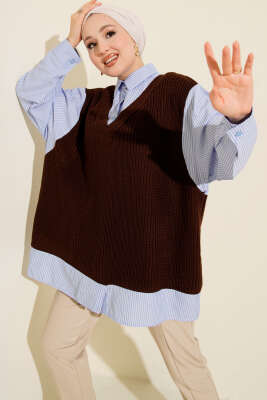 Gömlek Yaka Çizgili Triko Tunik Kahve 