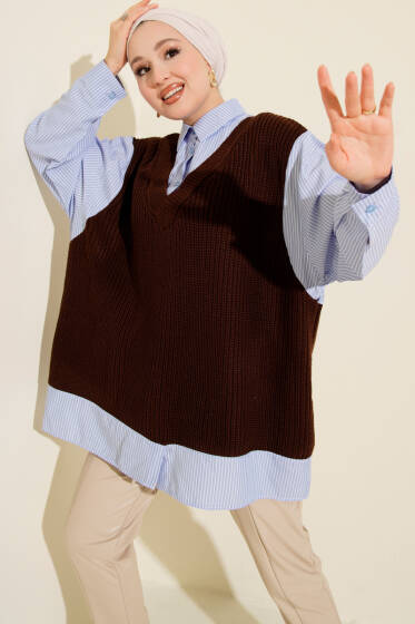Gömlek Yaka Çizgili Triko Tunik Kahve - Tunik