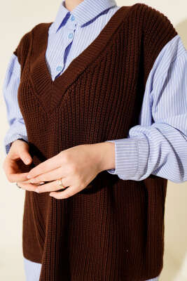 Gömlek Yaka Çizgili Triko Tunik Kahve - Tunik