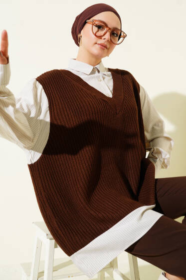 Gömlek Yaka Çizgili Triko Tunik Kahve - Tunik