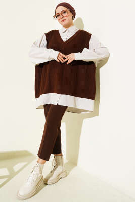 Gömlek Yaka Çizgili Triko Tunik Kahve - Tunik