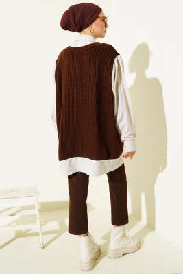 Gömlek Yaka Çizgili Triko Tunik Kahve - Tunik