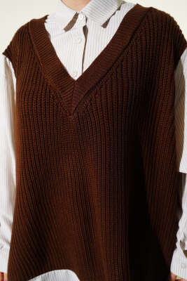 Gömlek Yaka Çizgili Triko Tunik Kahve - Tunik