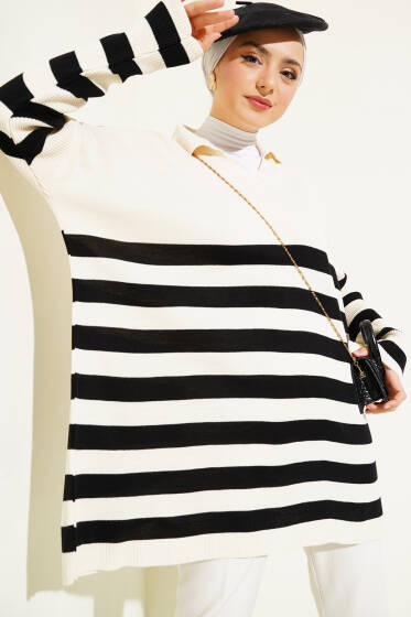 Gömlek Yaka Çizgili Triko Tunik Bej - Spor Tunik