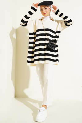 Gömlek Yaka Çizgili Triko Tunik Bej - Triko Tunik