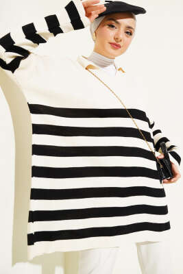 Gömlek Yaka Çizgili Triko Tunik Bej - FİXAY