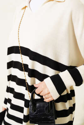 Gömlek Yaka Çizgili Triko Tunik Bej - Triko Tunik