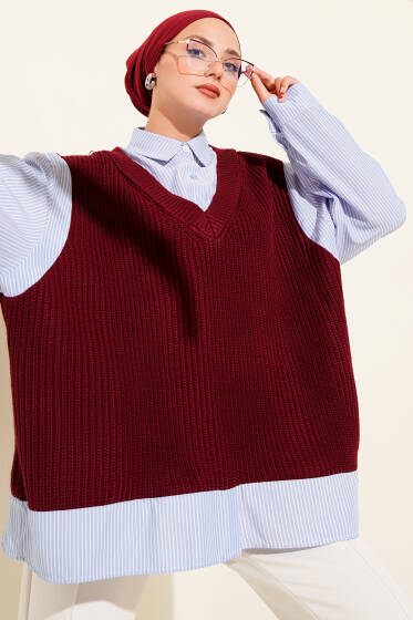Gömlek Yaka Çizgili Triko Tunik Bordo - Tunik