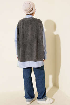 Gömlek Yaka Çizgili Triko Tunik Füme - Tunik