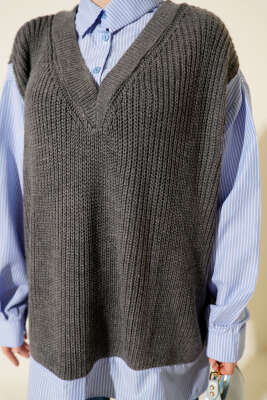 Gömlek Yaka Çizgili Triko Tunik Füme - Tunik