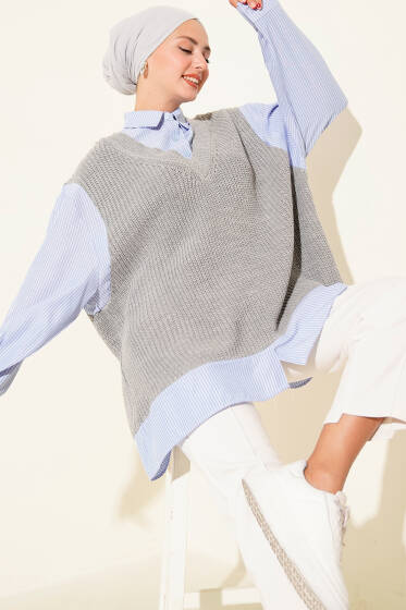 Gömlek Yaka Çizgili Triko Tunik Gri - Tunik