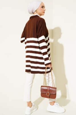Gömlek Yaka Çizgili Triko Tunik Kahve - Triko Tunik