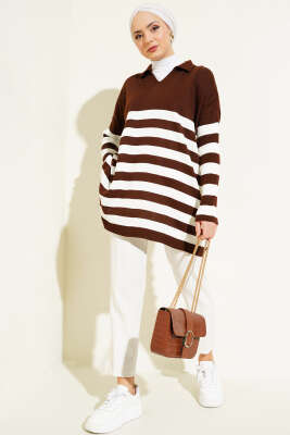 Gömlek Yaka Çizgili Triko Tunik Kahve - Triko Tunik