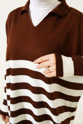 Gömlek Yaka Çizgili Triko Tunik Kahve - Triko Tunik