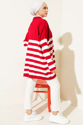 Gömlek Yaka Çizgili Triko Tunik Kırmızı - Triko Tunik